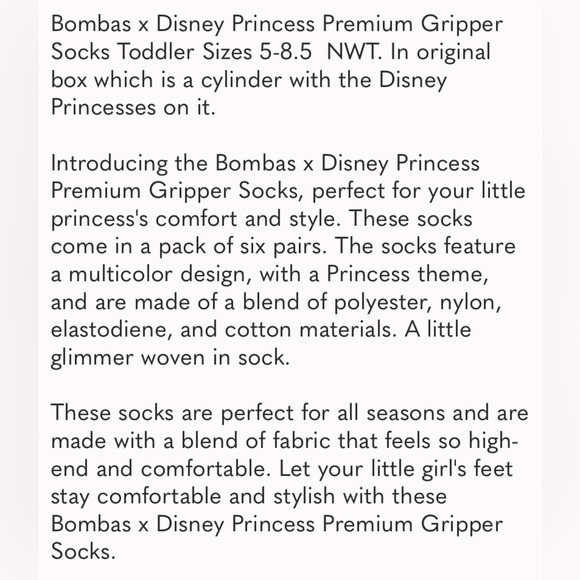 BOMBAS Toddler Disney Princess 6-Pack Gift Box Gripper Sock Set Size 5-8.5 - Picture 2 of 10